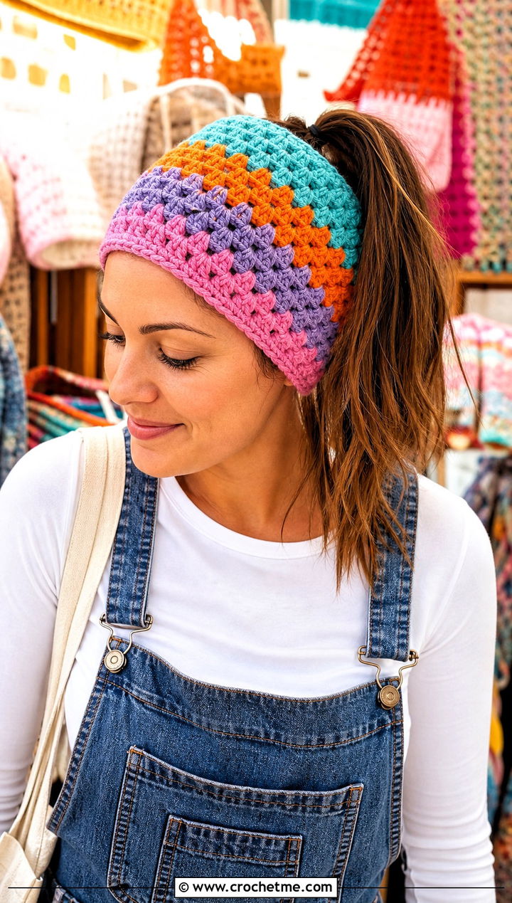Granny Stripe Crochet Ponytail Headband With Overalls - 25 crochet headband with ponytail hole outfit ideas