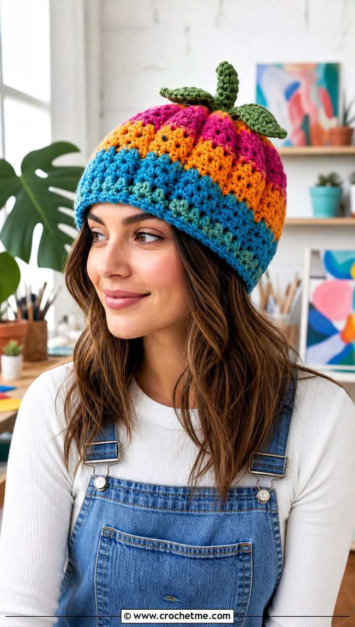 Granny Stripe Crochet Pumpkin Beanie With Denim Overalls - 30 crochet pumpkin beanie outfit ideas