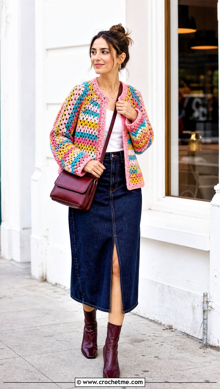 Granny Stripe Crochet Raglan Jacket With Denim Midi Skirt - 15 crochet raglan jacket outfit ideas