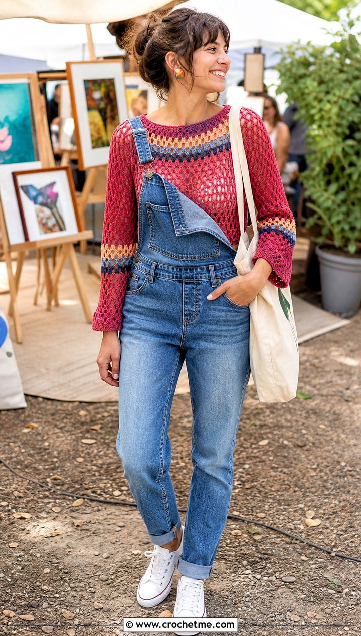 Granny Stripe Crochet Raglan Mesh Top With Overalls - 25 Crochet Raglan Mesh Top outfit ideas