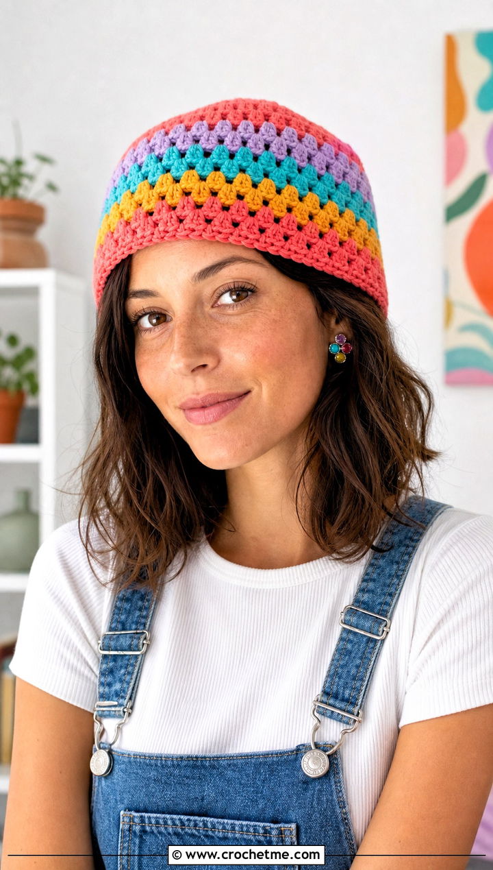Granny Stripe Crochet Rectangle Hat With Overalls - 25 Crochet Rectangle Hat outfit ideas