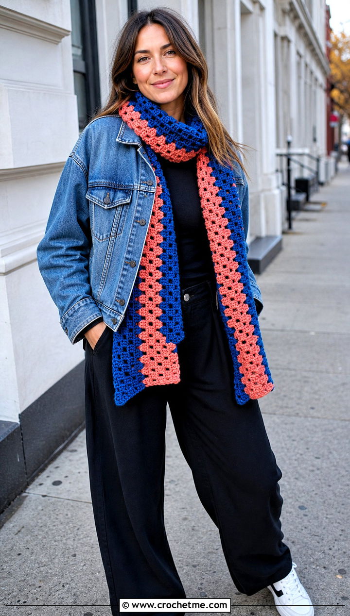 Granny Stripe Crochet Sally Scarf With Denim Jacket - 20 Crochet Sally Scarf outfit ideas