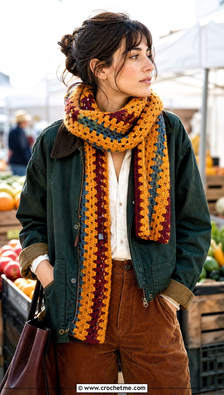 Granny Stripe Crochet Scarf With Barn Jacket And Corduroy Pants - 30 easy crochet scarfs outfit ideas