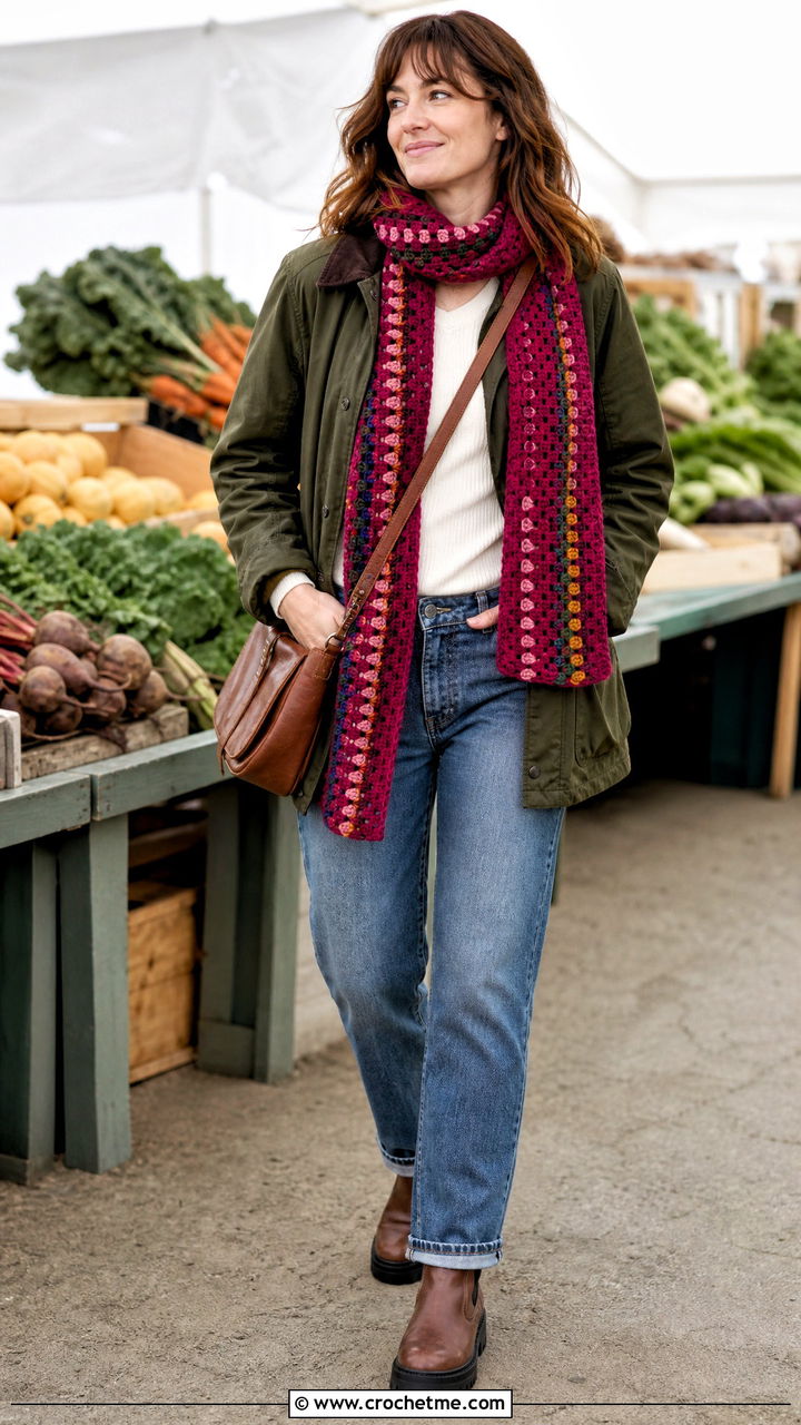 Granny Stripe Crochet Scarf With Barn Jacket - 35 crochet fall clothes and outfit ideas