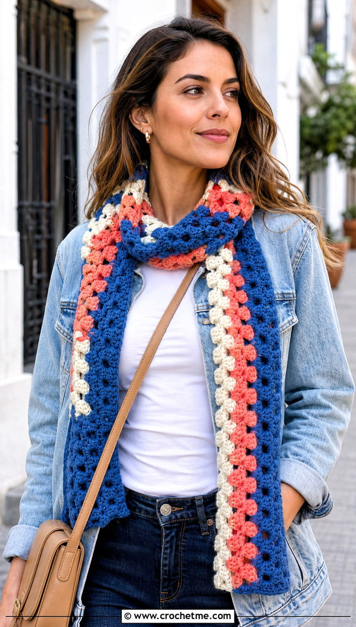 Granny Stripe Crochet Scarf With Denim Jacket - 30 striped crochet scarf outfit ideas