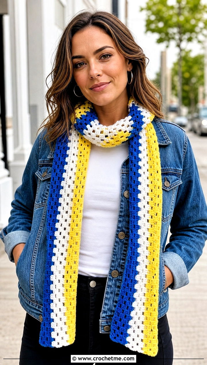 Granny Stripe Crochet Scarf With Denim Jacket - 25 crochet striped scarf outfit ideas
