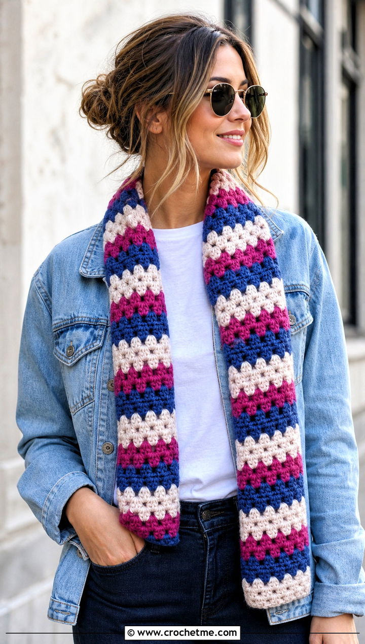 Granny Stripe Crochet Scarf With Denim Jacket - 30 Stripe Crochet Scarf outfit ideas