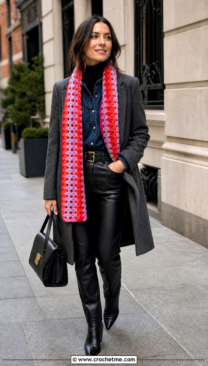 Granny Stripe Crochet Scarf With Denim Shirt and Leather Pants - 35 Winter Crochet Scarf outfit ideas