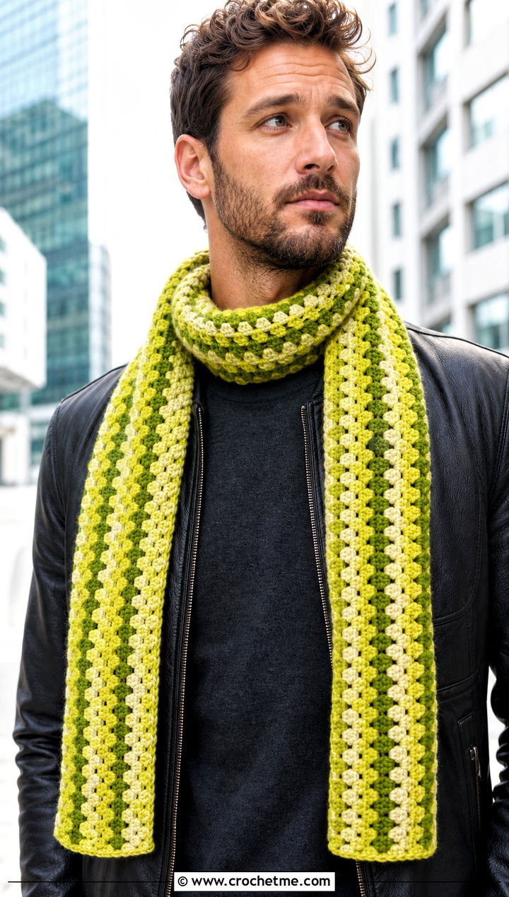 Granny Stripe Crochet Scarf With Leather Jacket - 30 Mens Crochet Outfit ideas
