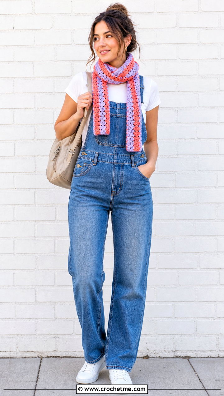 Granny Stripe Crochet Scarf With Overalls And Sneakers - 35 small crochet scarf outfit ideas