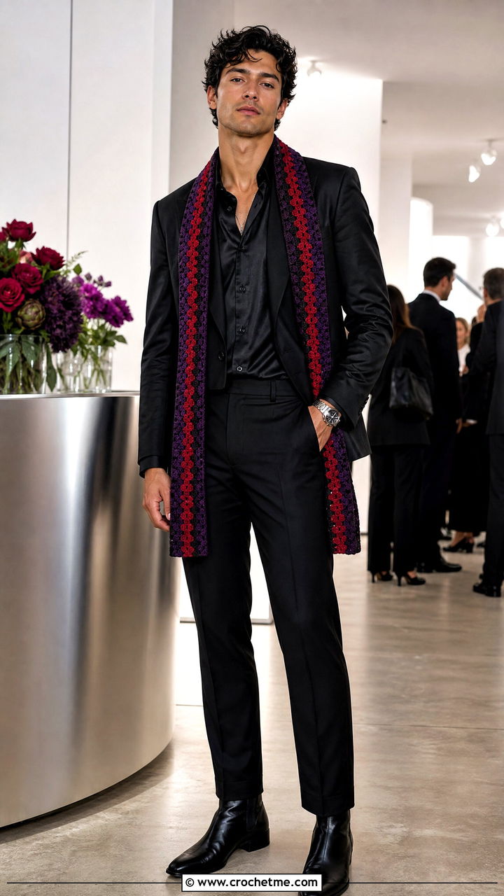Granny Stripe Crochet Scarf With Party Outfit - 35 men's crochet scarf outfit ideas