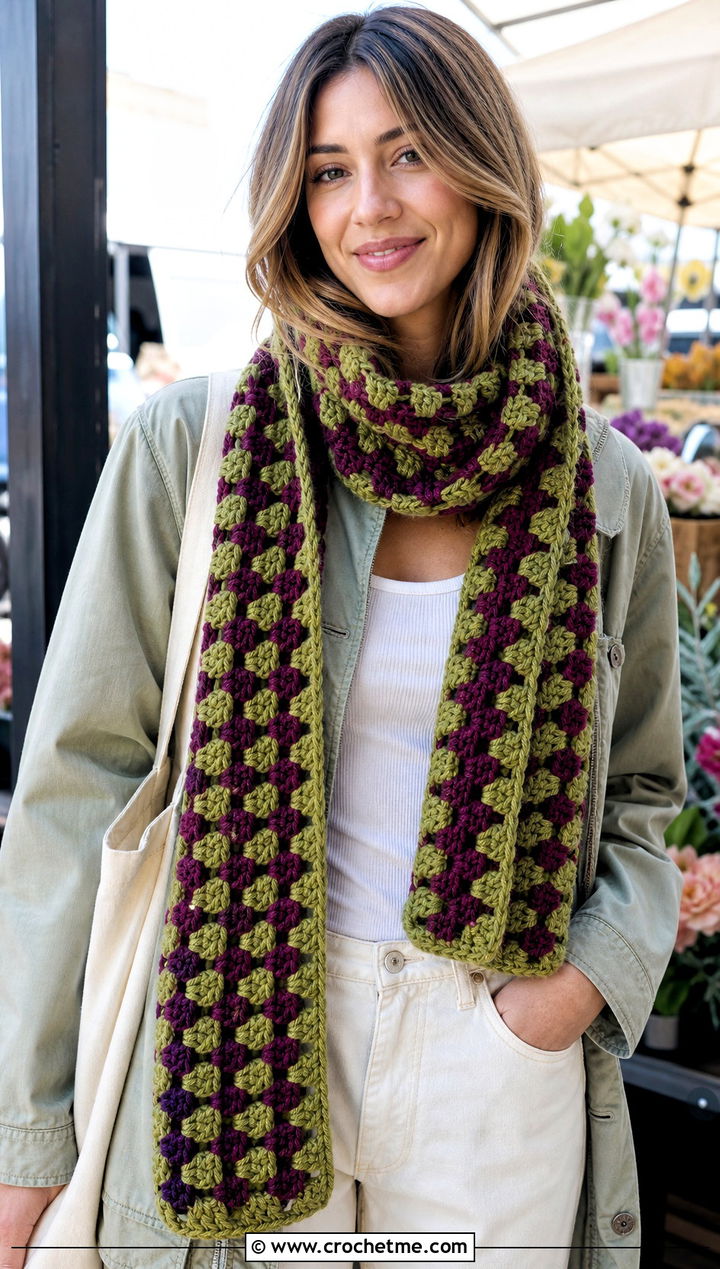 Granny Stripe Crochet Scarf With Utility Jacket - 30 2 color crochet scarf outfit ideas