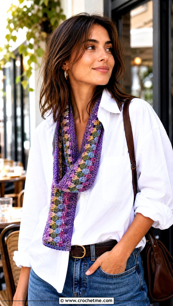 Granny Stripe Crochet Scarf With White Shirt And Jeans - 20 Beginner Crochet Projects Scarf outfit ideas
