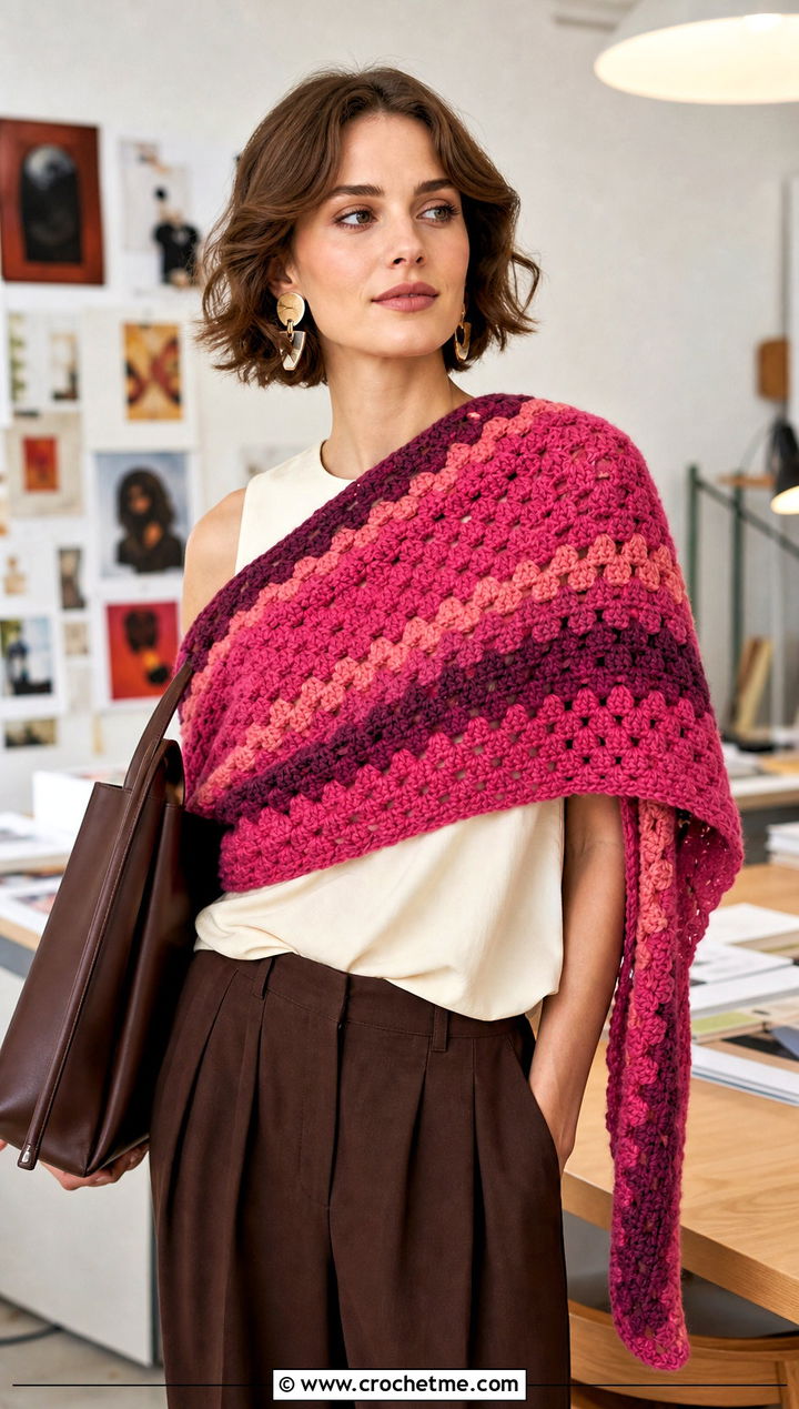 Granny Stripe Crochet Shawl With Pleated Trousers - 20 Light Weight Crochet Shawl outfit ideas