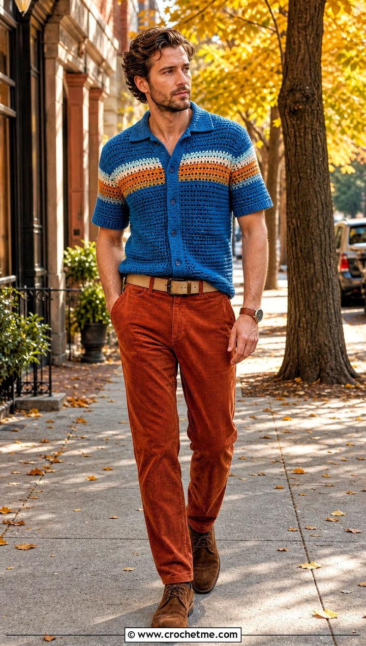 Granny Stripe Crochet Shirt With Corduroy Pants - 35 men's crochet shirt outfit ideas