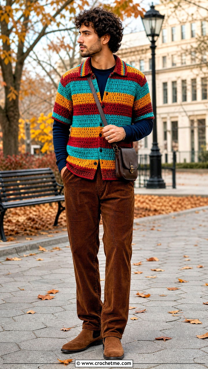 Granny Stripe Crochet Shirt With Corduroy Pants - 35 crochet men shirt outfit ideas