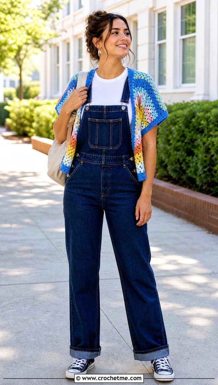 Granny Stripe Crochet Short Sleeve Shrug With Overalls - 30 crochet short sleeve shrug outfit ideas