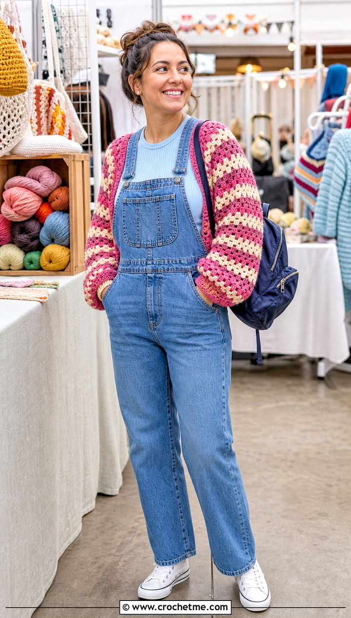 Granny Stripe Crochet Shrug With Overalls - 25 Crochet Shrug Sleeves outfit ideas