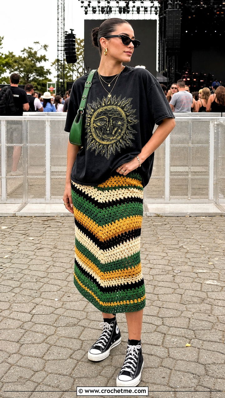 Granny Stripe Crochet Skirt With A Graphic T Shirt - 35 Crochet Jamaican Outfit ideas