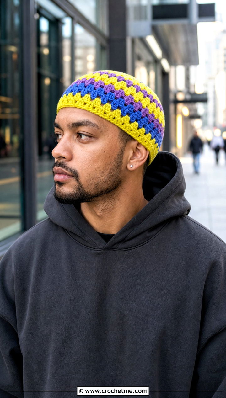 Granny Stripe Crochet Skull Cap With Hoodie And Parachute Pants - 25 Mens Crochet Skull Cap outfit ideas