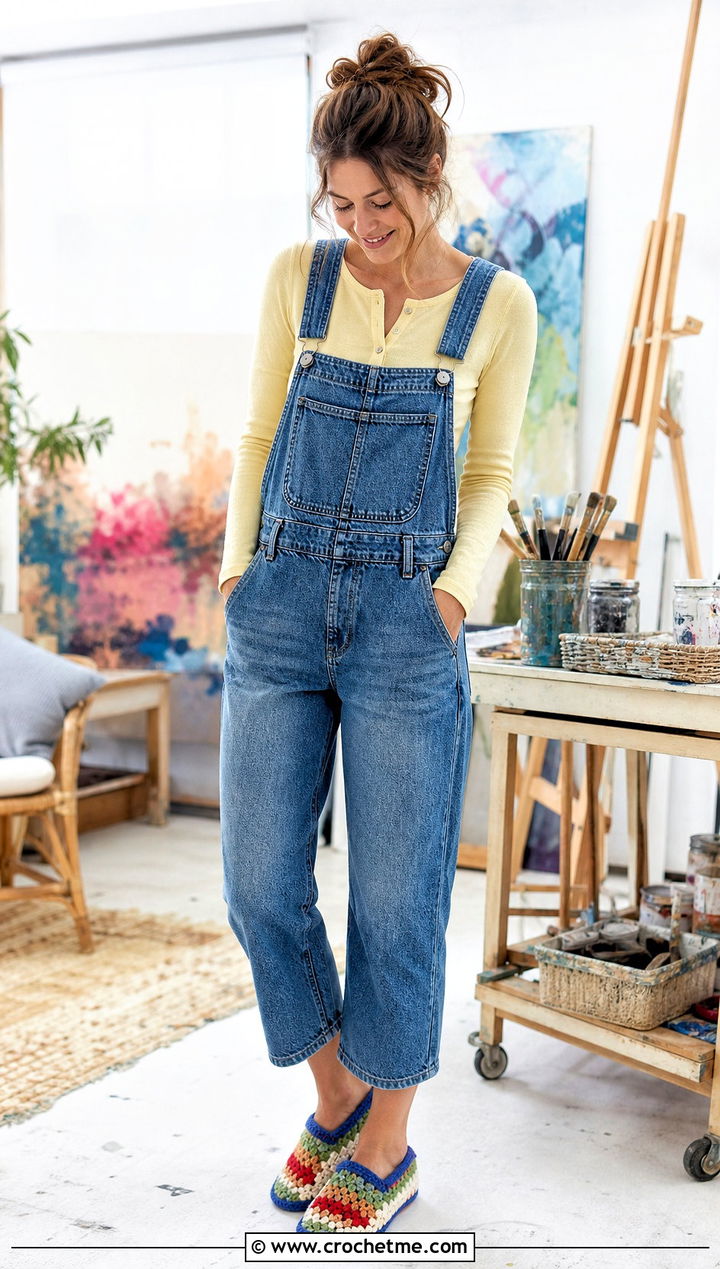 Granny Stripe Crochet Slippers From Rectangle With Overalls - 15 Crochet Slipper From Rectangle outfit ideas