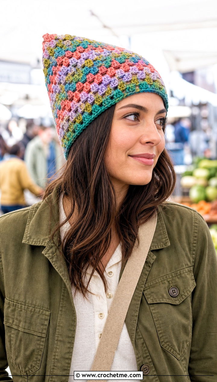 Granny Stripe Crochet Stocking Hat With Utility Jacket - 25 easy crochet stocking hat outfit ideas