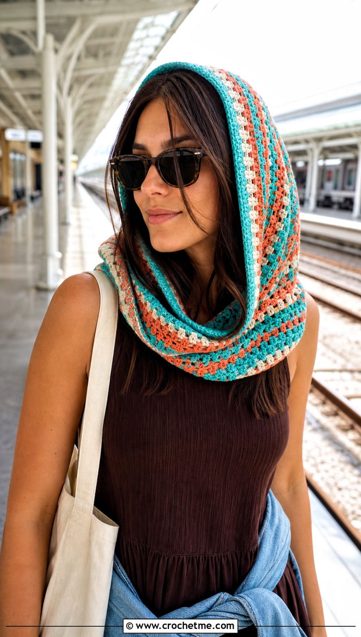 Granny Stripe Crochet Summer Scarf With Maxi Dress And Sneakers - 30 crochet summer scarf outfit ideas