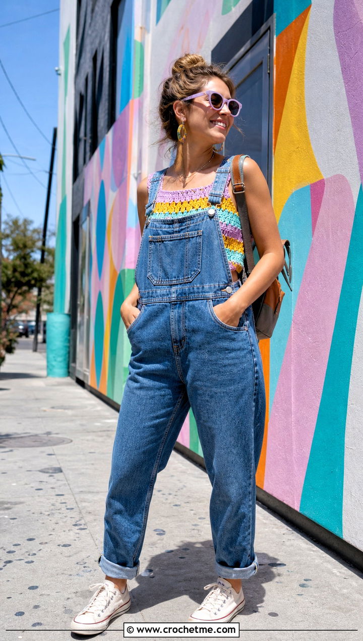 Granny Stripe Crochet Summer Vest With Denim Overalls - 35 Crochet Summer Vest outfit ideas