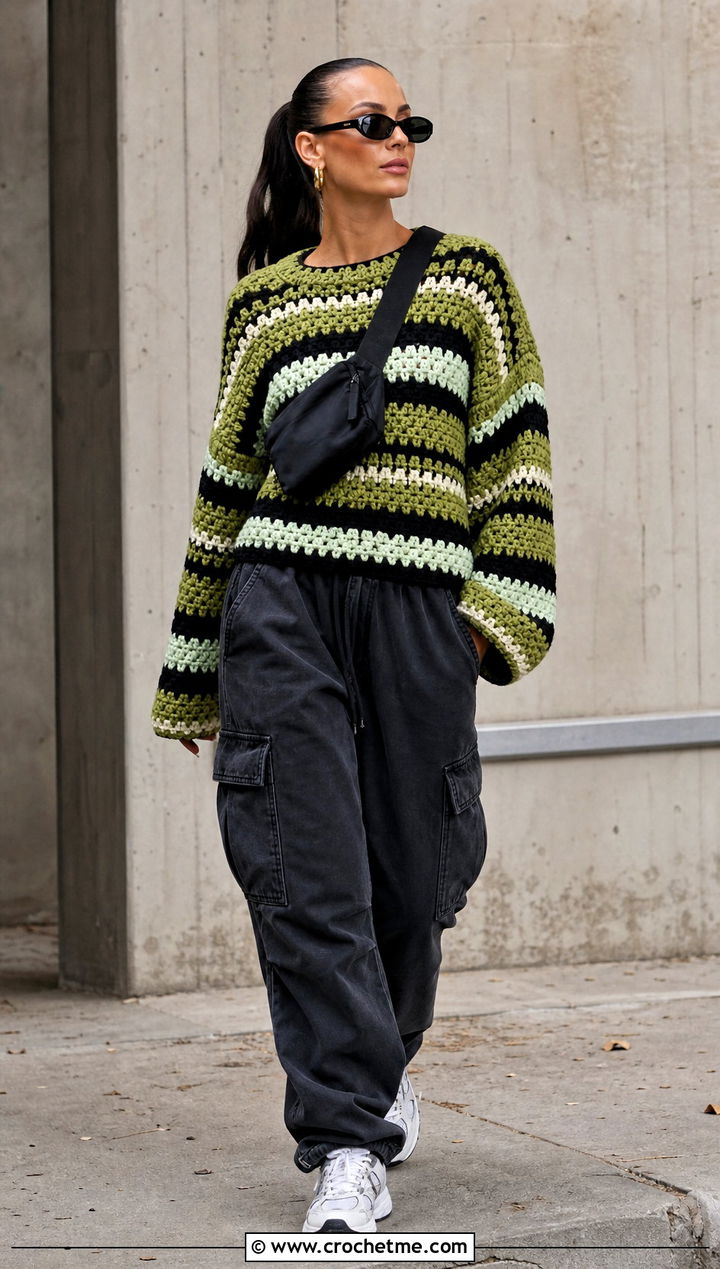 Granny Stripe Crochet Sweater With Cargo Pants - 15 Crochet Stripped Sweater outfit ideas