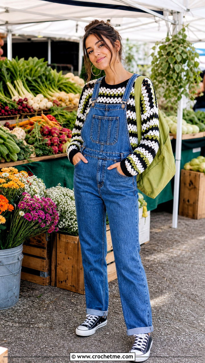 Granny Stripe Crochet Sweater With Denim Overalls - 35 black and white crochet sweater outfit ideas