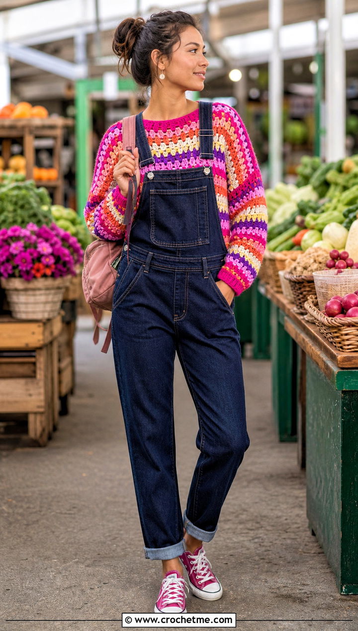 Granny Stripe Crochet Sweater With Denim Overalls - 30 Knit And Crochet Sweater outfit ideas