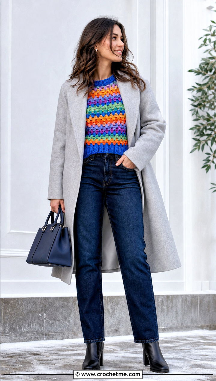 Granny Stripe Crochet Sweater With Layered Winter Coat - 35 crochet sweater for women outfit ideas