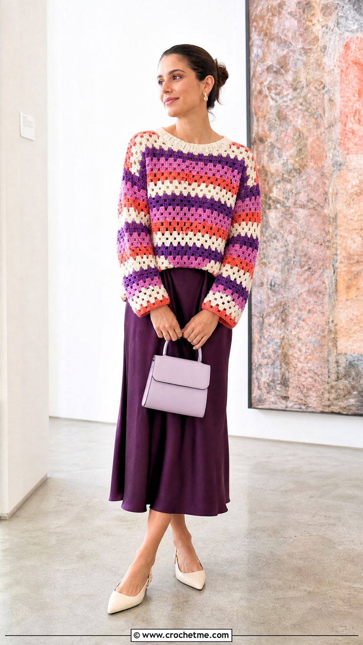 Granny Stripe Crochet Sweater With Satin Midi Skirt - 35 crochet striped sweater outfit ideas