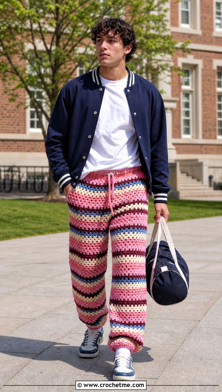 Granny Stripe Crochet Sweatpants With Varsity Jacket - 30 mens crochet pants outfit ideas
