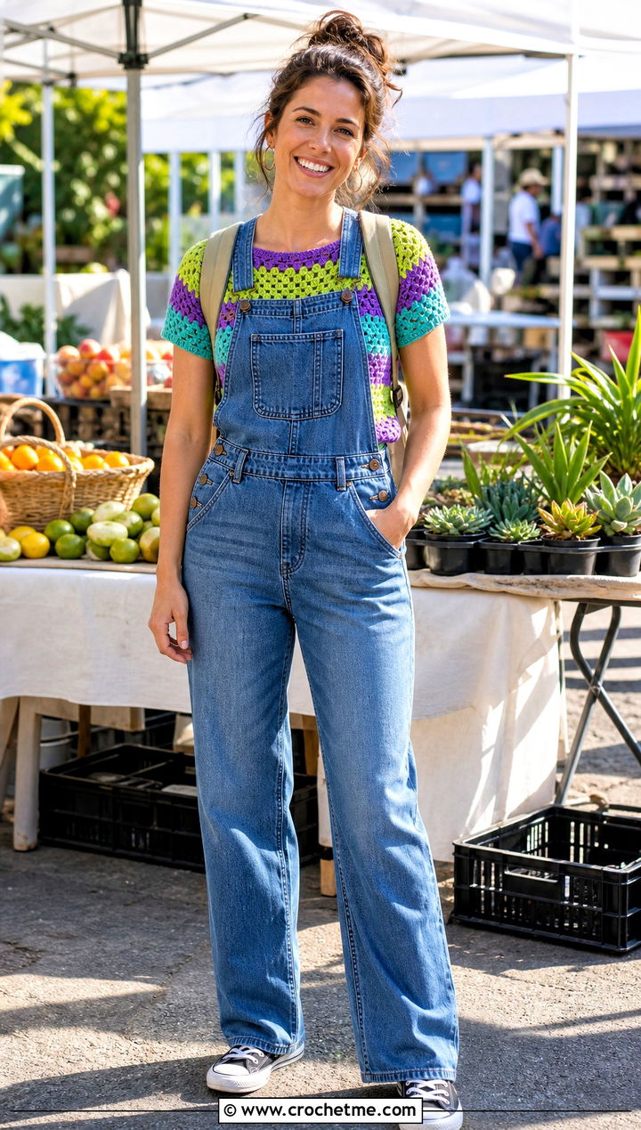 Granny Stripe Crochet Tee With Denim Overalls - 35 crochet tee outfit ideas