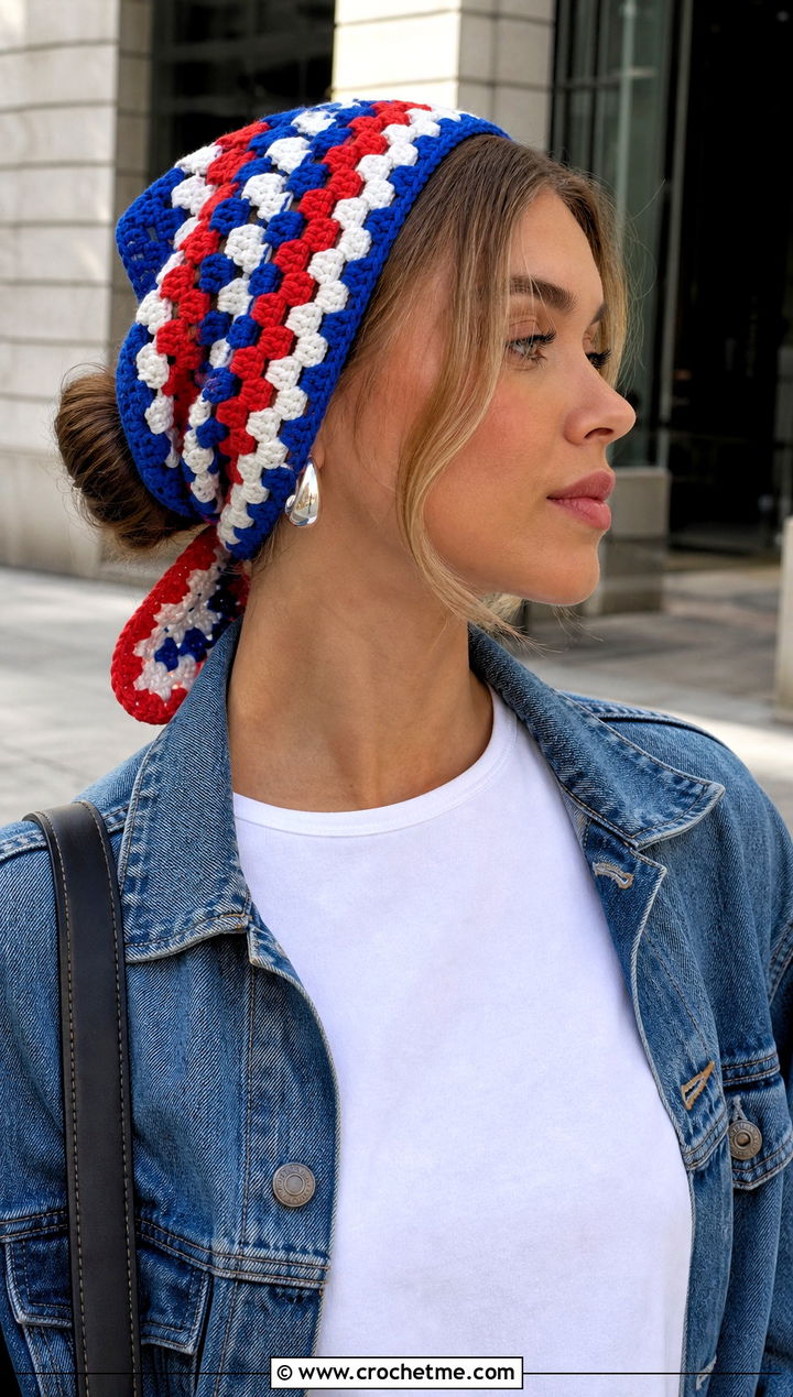 Granny Stripe Crochet Tie Headband With Denim Jacket - 35 crochet tie headband outfit ideas