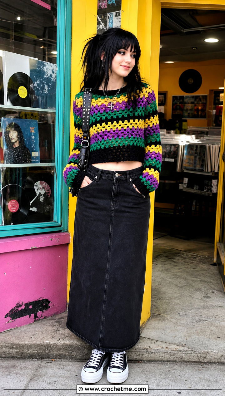 Granny Stripe Crochet Top With A Maxi Skirt - 25 emo crochet top outfit ideas