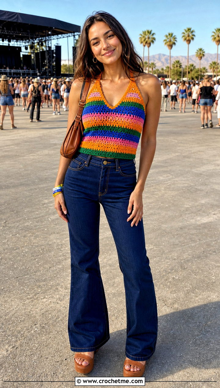 Granny Stripe Crochet Top With Flared Jeans - 35 cute crochet tops summer outfits ideas