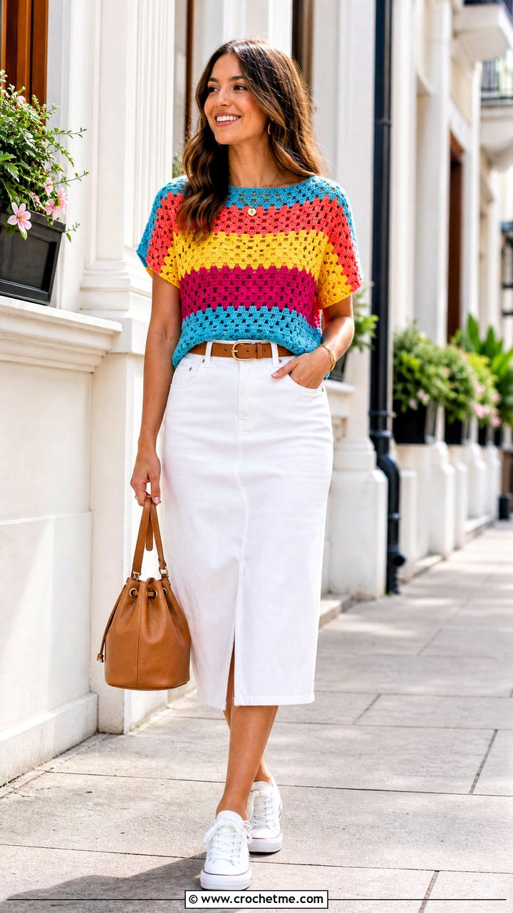 Granny Stripe Crochet Top With White Denim Skirt - 35 Crochet Top And Skirt outfit ideas