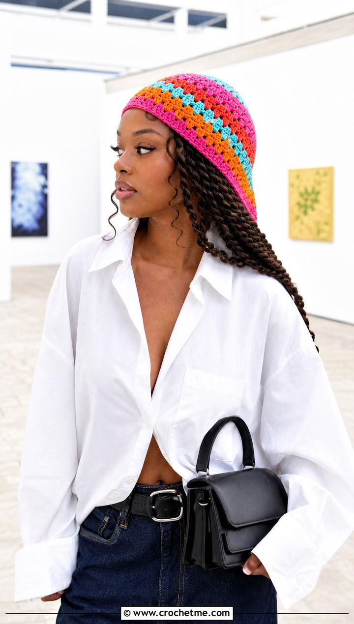 Granny Stripe Crochet Tube Hat With White Shirt - 25 Crochet Tube Hat outfit ideas