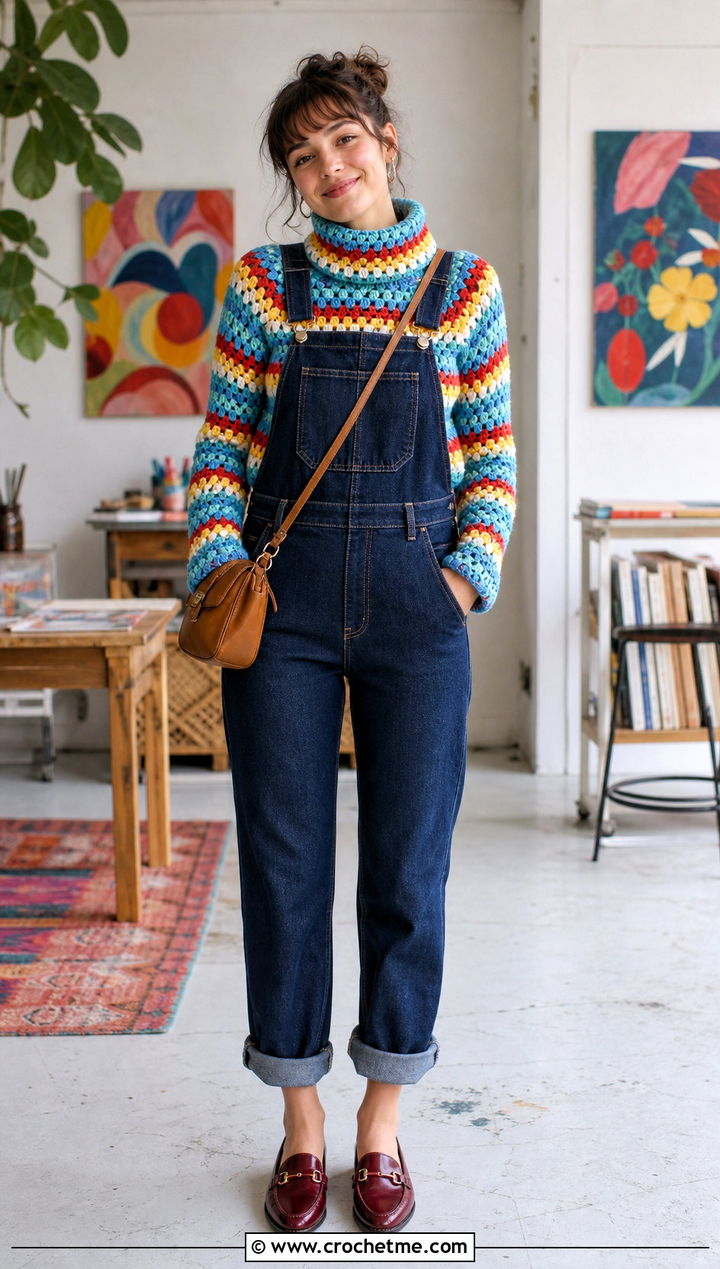 Granny Stripe Crochet Turtleneck Top With Overalls - 30 crochet turtleneck top outfit ideas