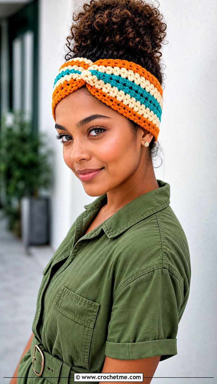 Granny Stripe Crochet Twist Headband With Utility Jumpsuit - 30 crochet twist headband outfit ideas