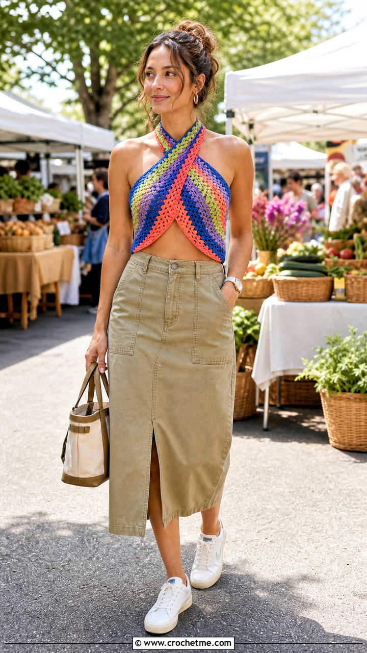 Granny Stripe Crochet Twist Top With Utility Skirt - 35 crochet twist top outfit ideas