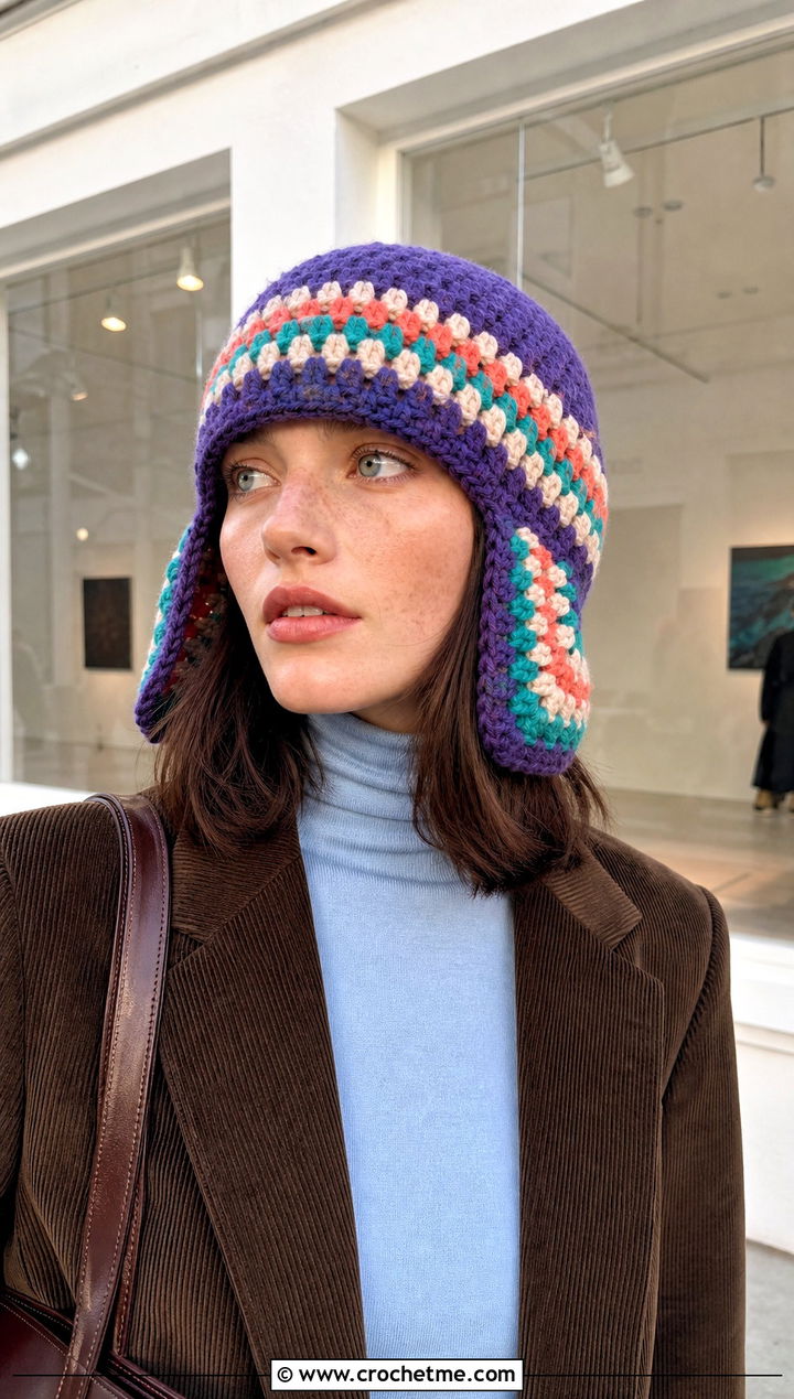 Granny Stripe Crochet Ushanka Hat With Corduroy Suit - 30 crochet ushanka hat outfit ideas