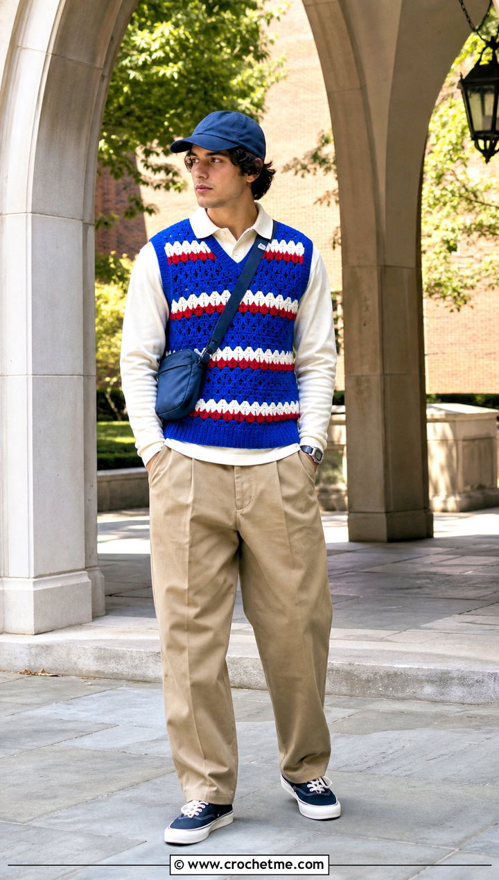 Granny Stripe Crochet Vest With Rugby Shirt And Khaki Pants - 30 mens crochet vest outfit ideas