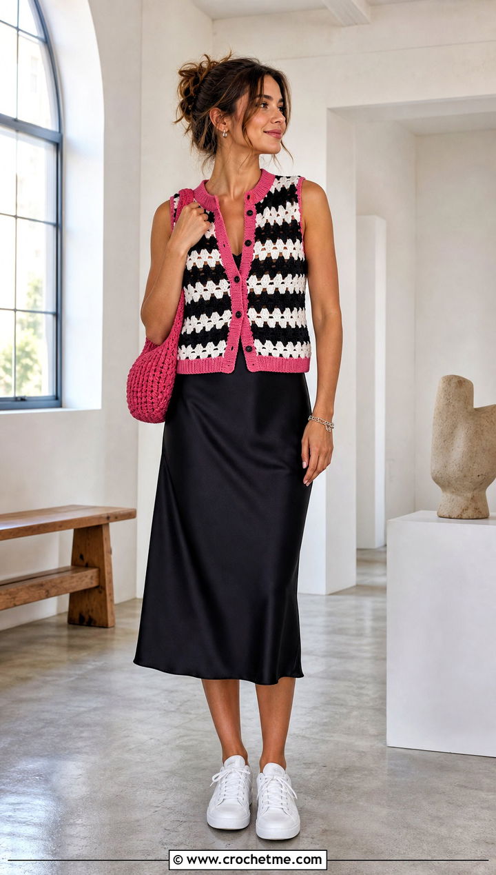 Granny Stripe Crochet Vest With Slip Dress - 30 black and white crochet vest outfit ideas