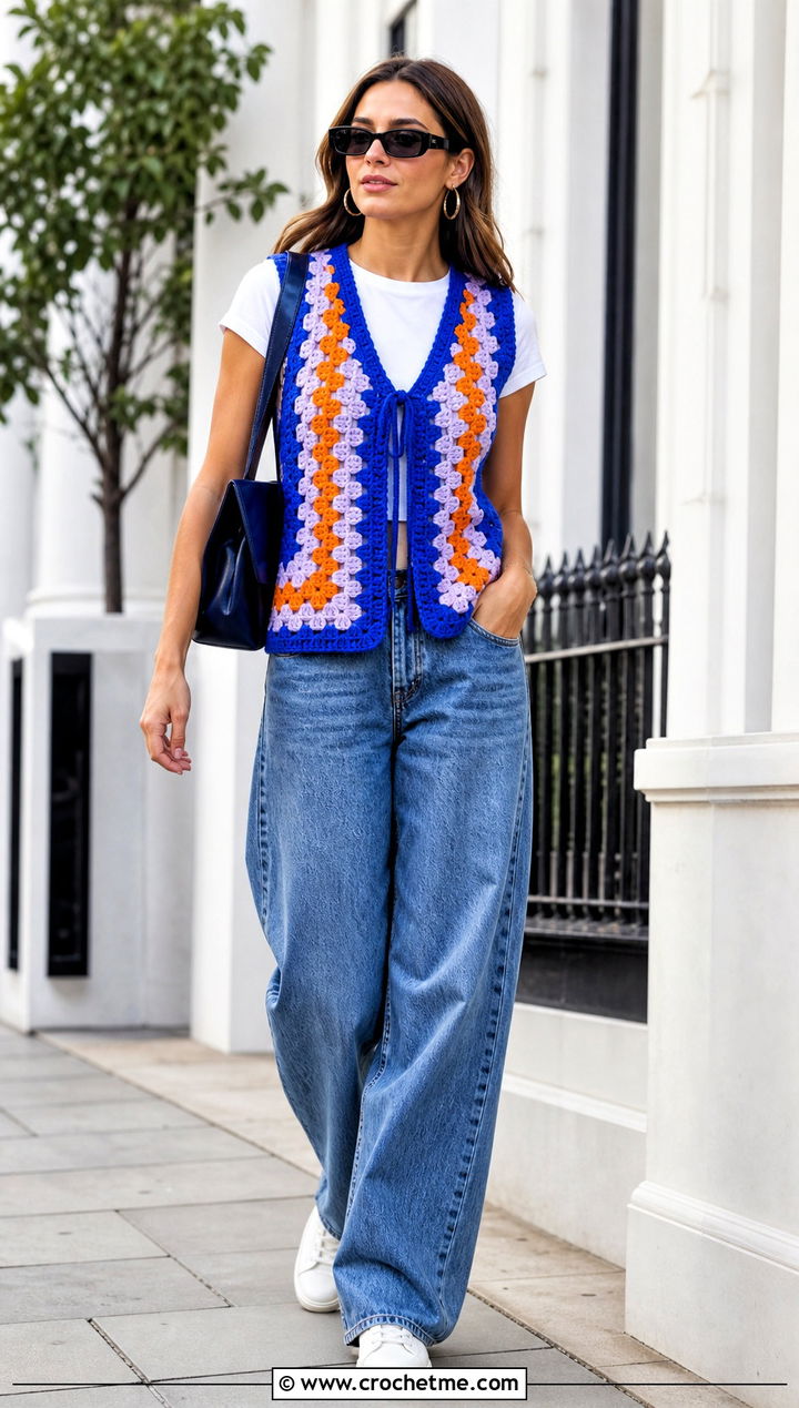 Granny Stripe Crochet Vest With Wide Leg Jeans - 25 crochet vest stripes outfit ideas