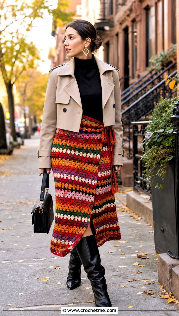 Granny Stripe Crochet Wrap Around Skirt With Cropped Trench Coat - 30 crochet wrap around skirt outfit ideas