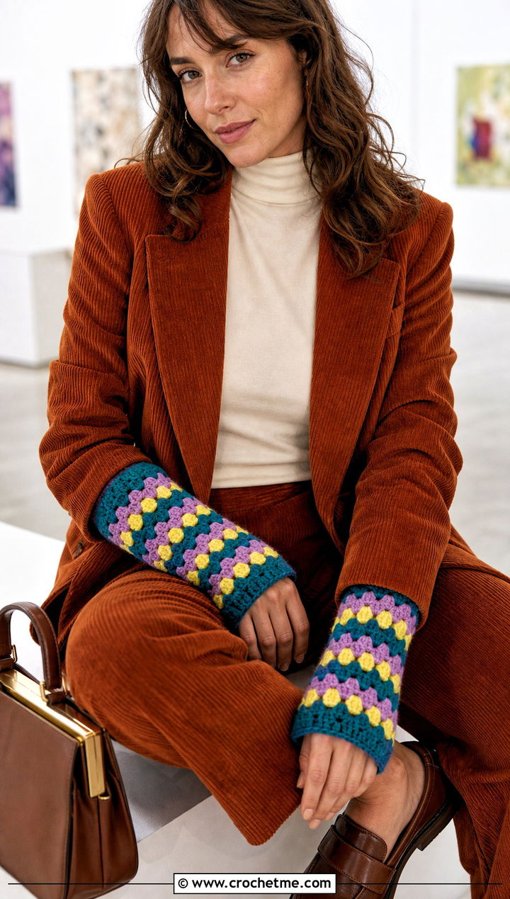 Granny Stripe Crochet Wrist Warmers With Corduroy Suit - 30 crochet hand mittens outfit ideas