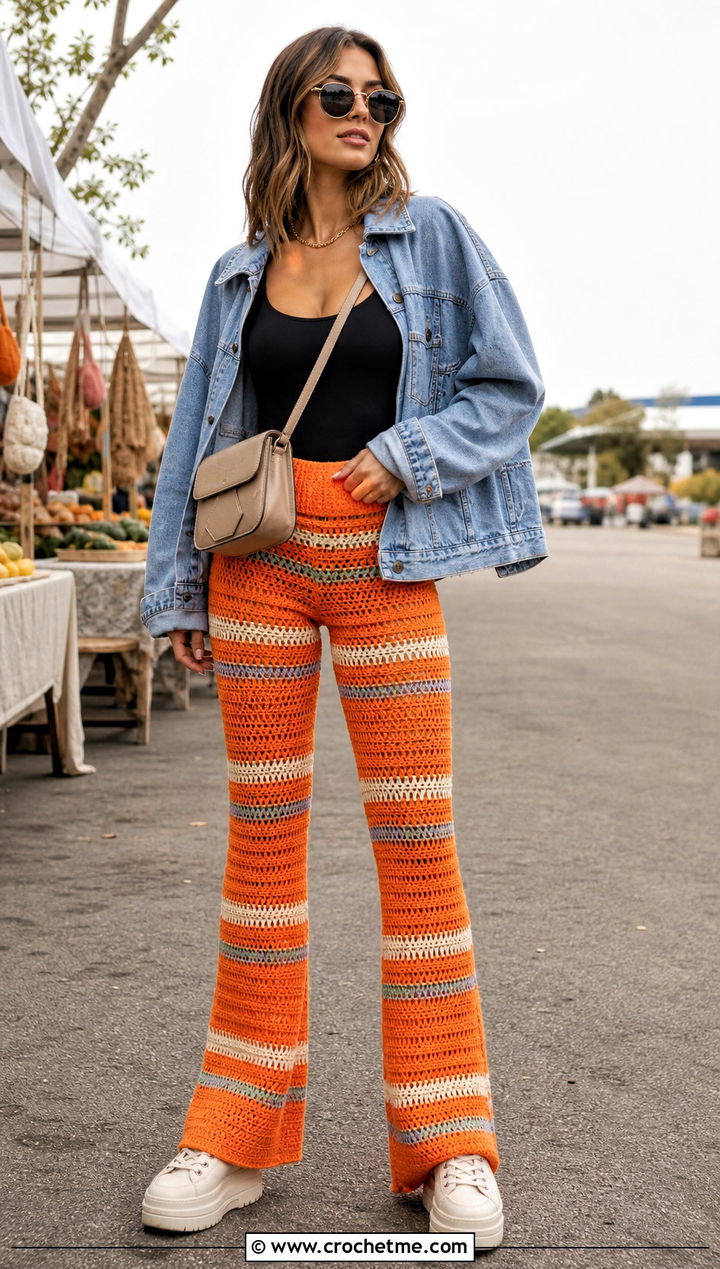 Granny Stripe Crochet Yoga Pants With Bodysuit And Denim Jacket - 15 Crochet Yoga Pants outfit ideas